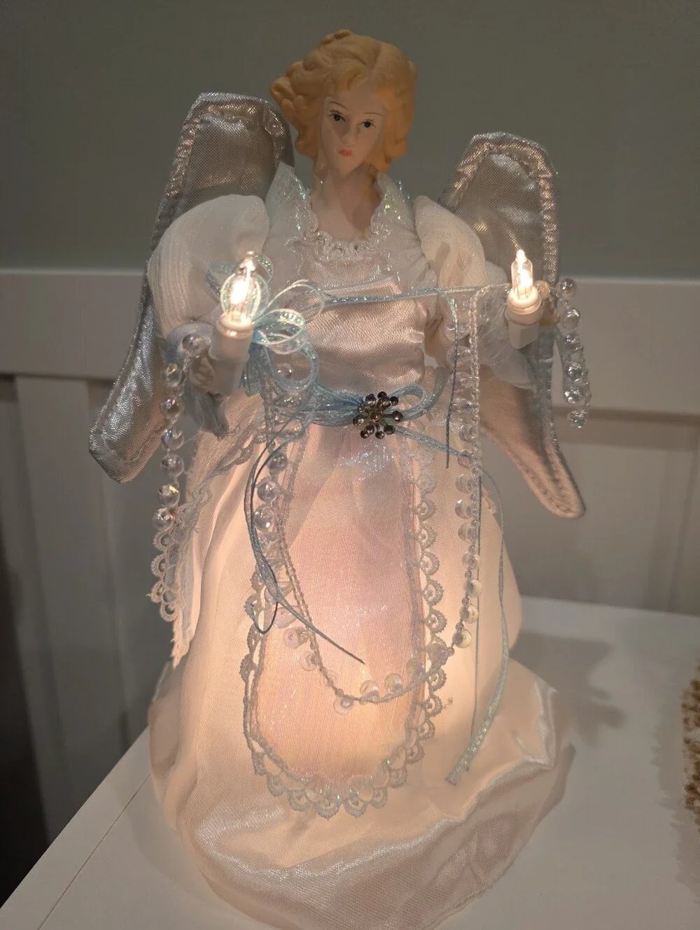 Angel Tree Topper Christmas Lighted, Plug In, White With Blue Accents, 10 Inches